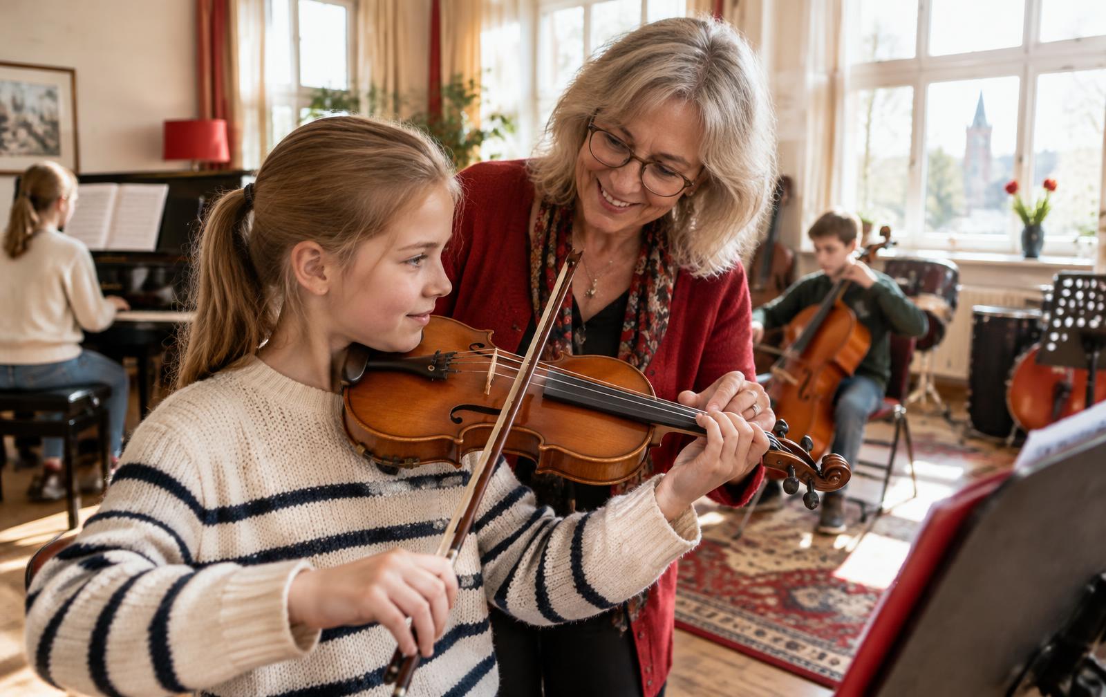 Leerling leert viool spelen met haar docent